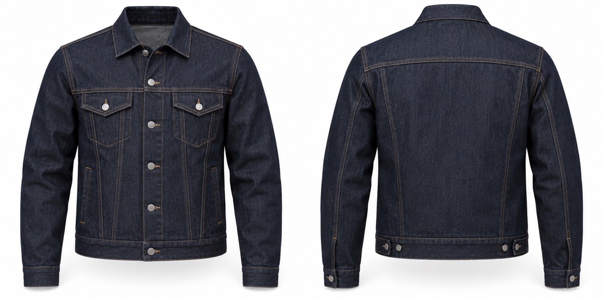 Photorealistic custom dark-indigo denim jacket shown from the front and back