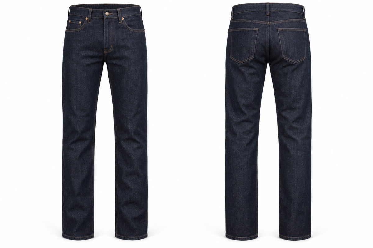 Photorealistic custom dark-indigo jeans shown from the front and back