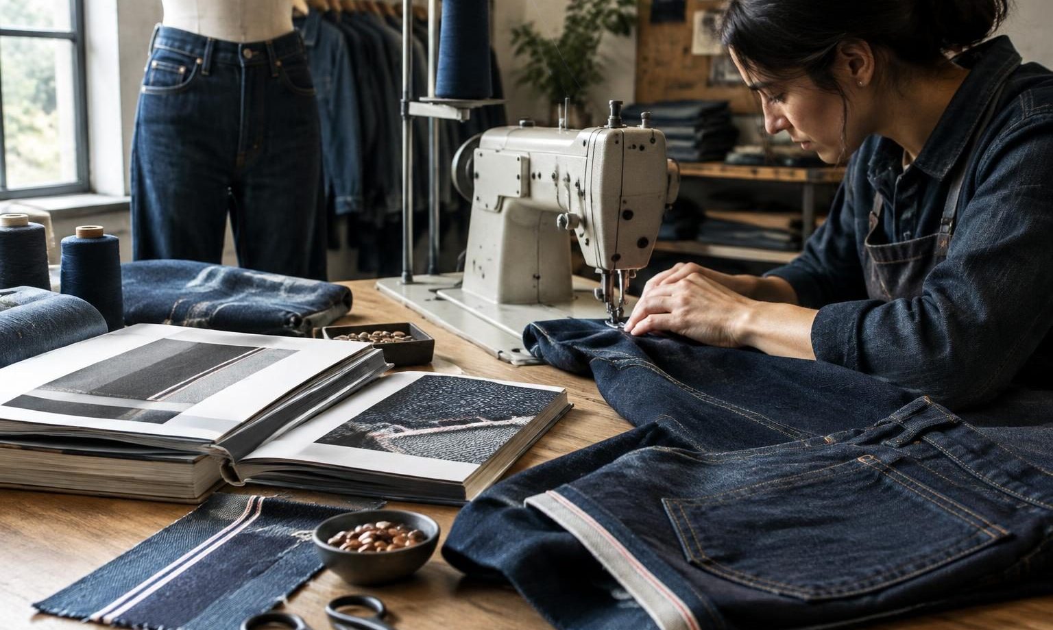 Close-up of hands sewing selvedge denim with industrial sewing machine in workshop
