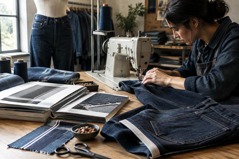 Close-up of hands sewing selvedge denim with industrial sewing machine in workshop
