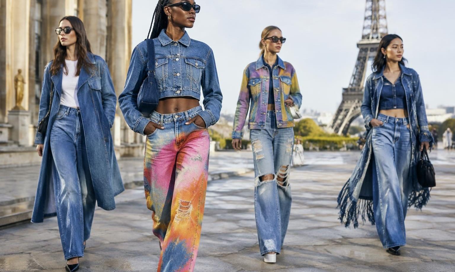Street style featuring colorful and distressed denim outfits with wide-leg jeans at a fashion event