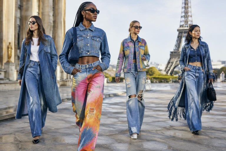 Street style featuring colorful and distressed denim outfits with wide-leg jeans at a fashion event
