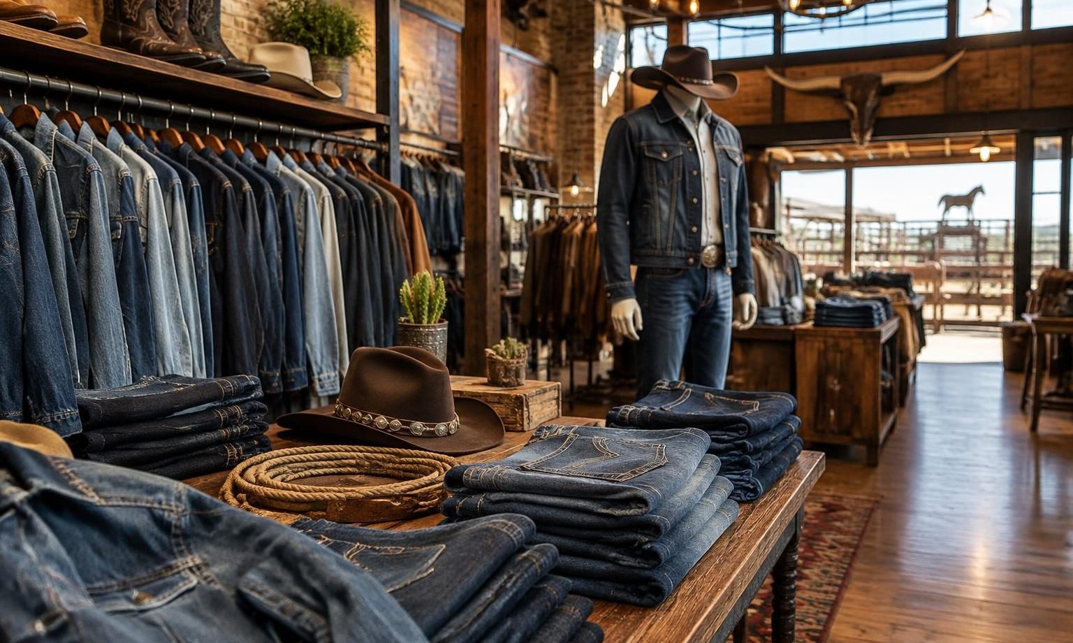 Exterior of a Western-style denim retail store with rustic signage in a historic Fort Worth shopping district