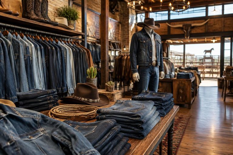 Exterior of a Western-style denim retail store with rustic signage in a historic Fort Worth shopping district